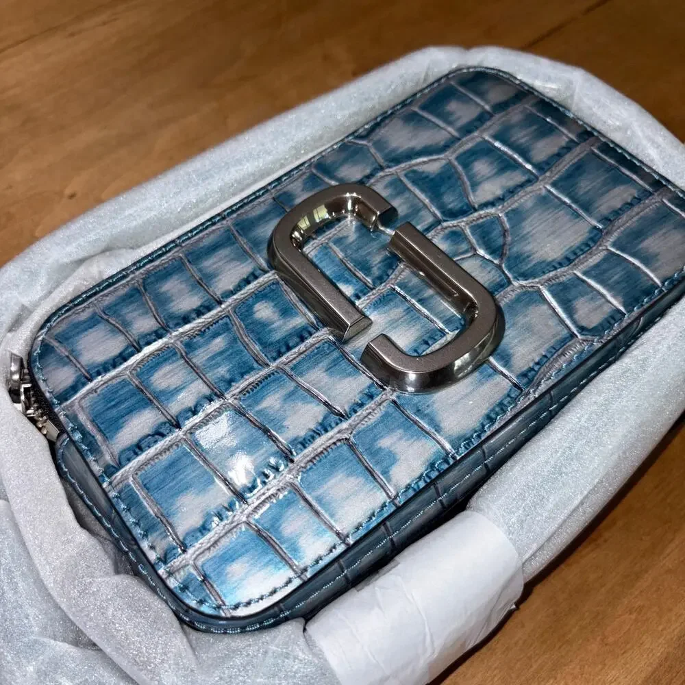 Marc Jacobs The Croc-Embossed Snapshot Camera Bag Light Blue Silver Hardware
